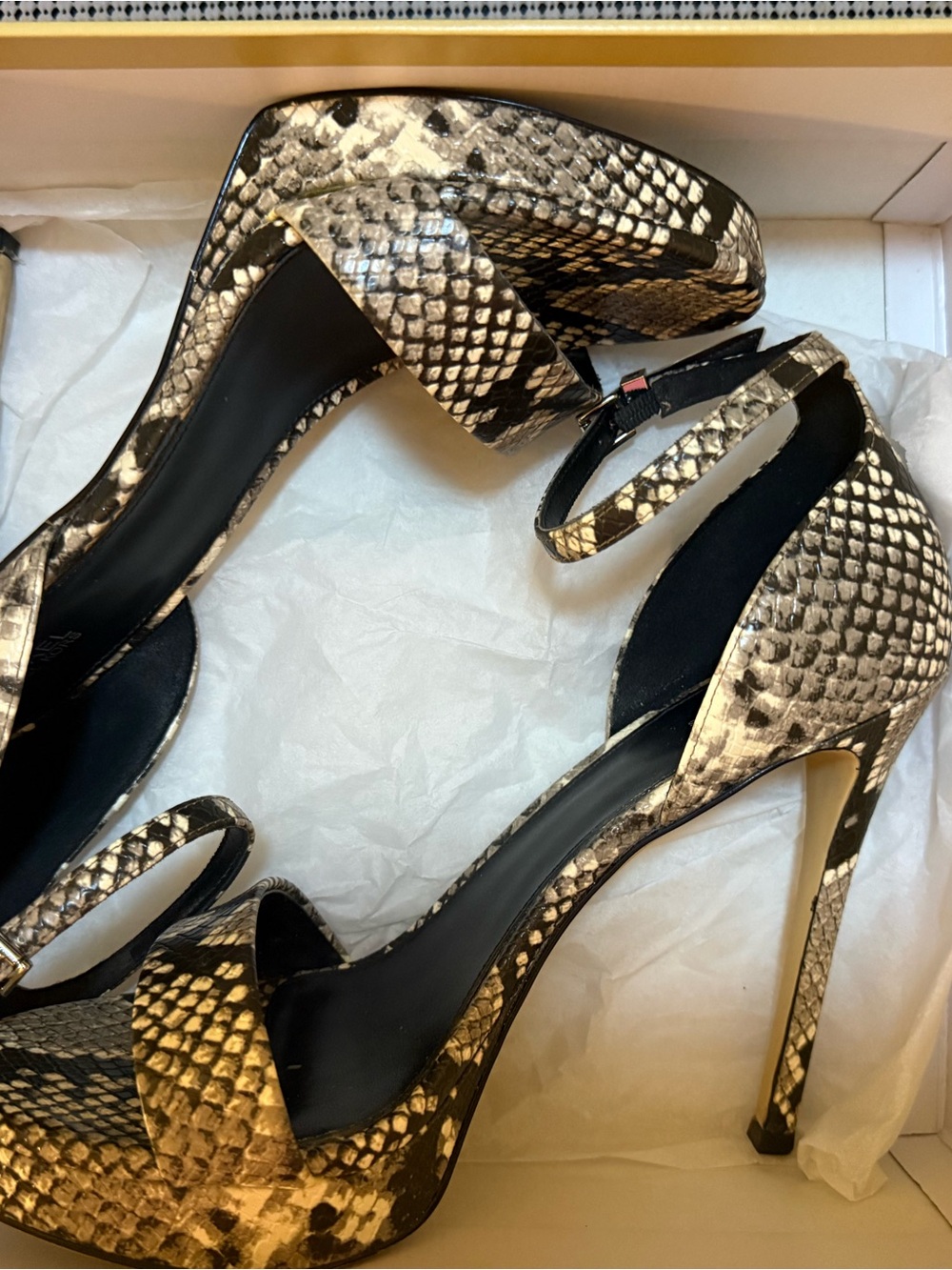 Michael Kors Snake-Print Ankle-Strap Platform Heels in Black and Gold